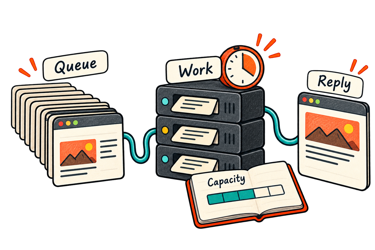 Request cards queue before three processing slots and an output page.