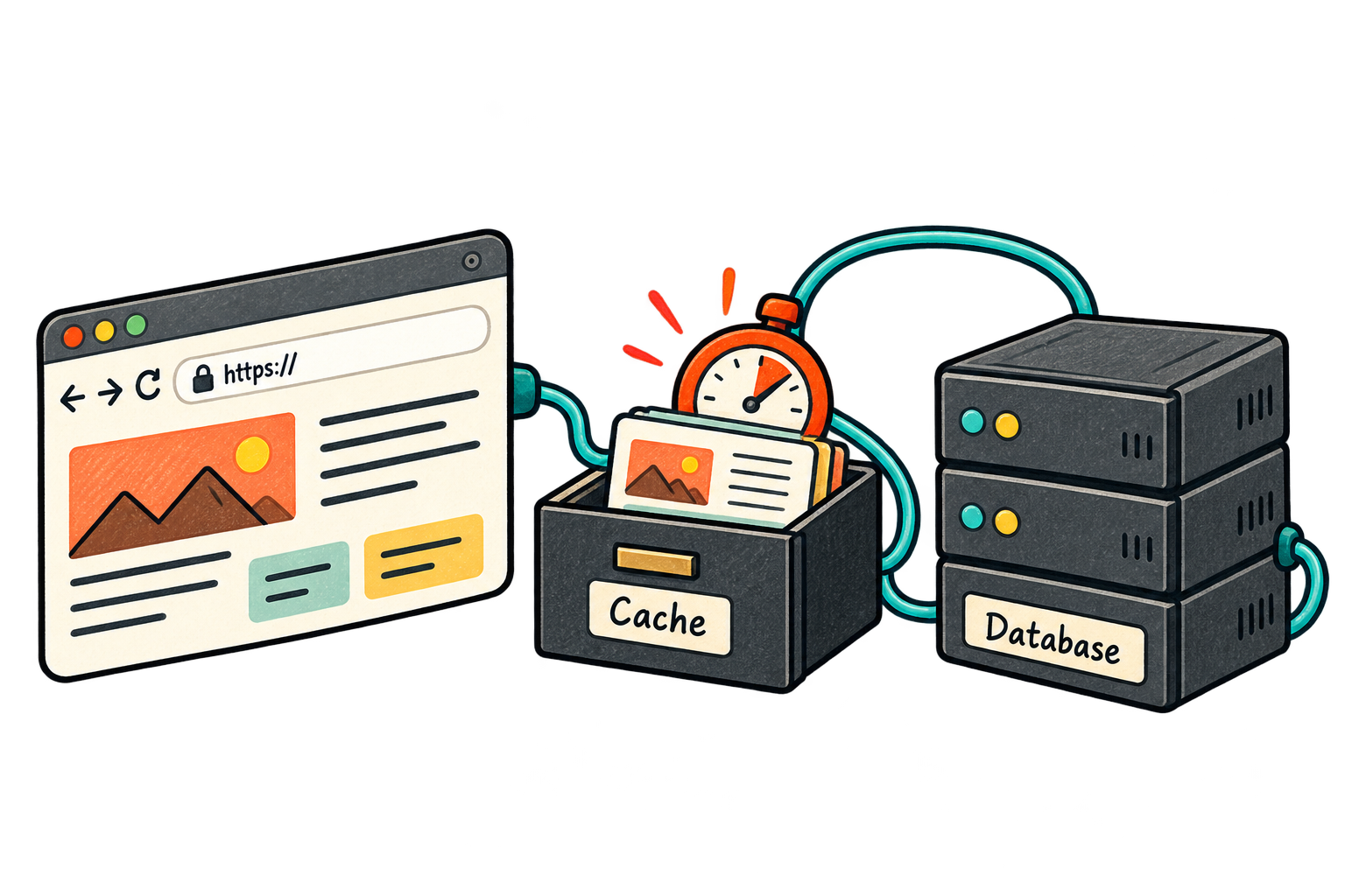 A short cable reaches a cache drawer while a longer cable leads to a database.