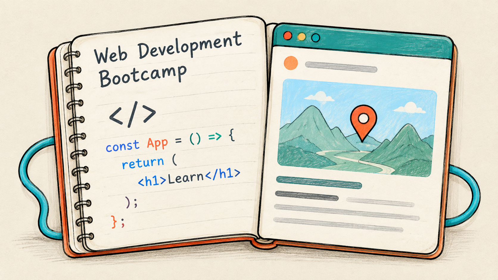 Illustrated bootcamp notebook with code and a map