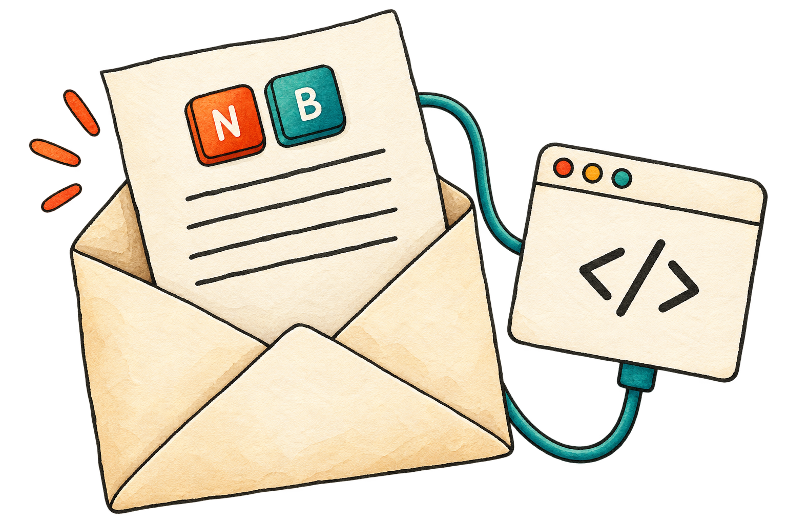 An open envelope with a notebook letter, connected to a browser by a teal cable.