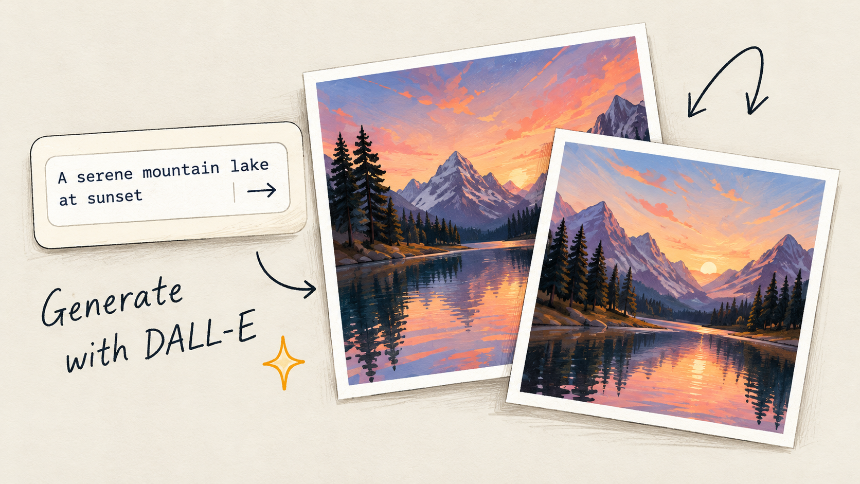 An illustrated text prompt generates mountain landscape images