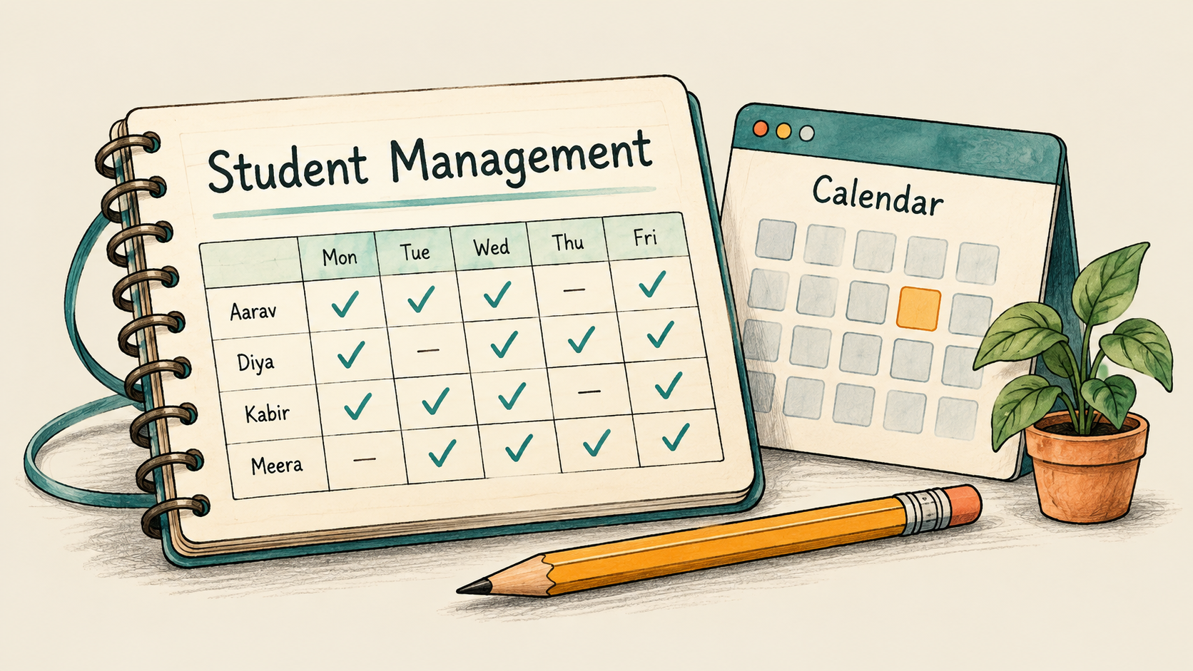 Illustrated student attendance notebook and calendar