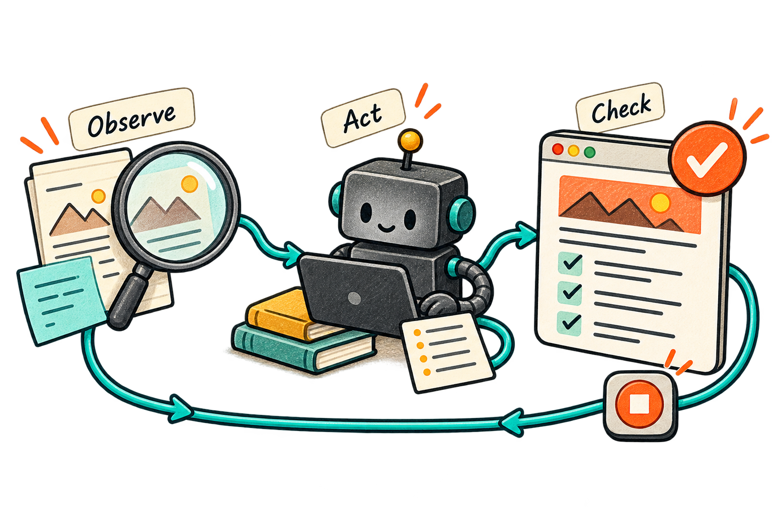 A small helper follows an observe, act, and check loop between task and result.