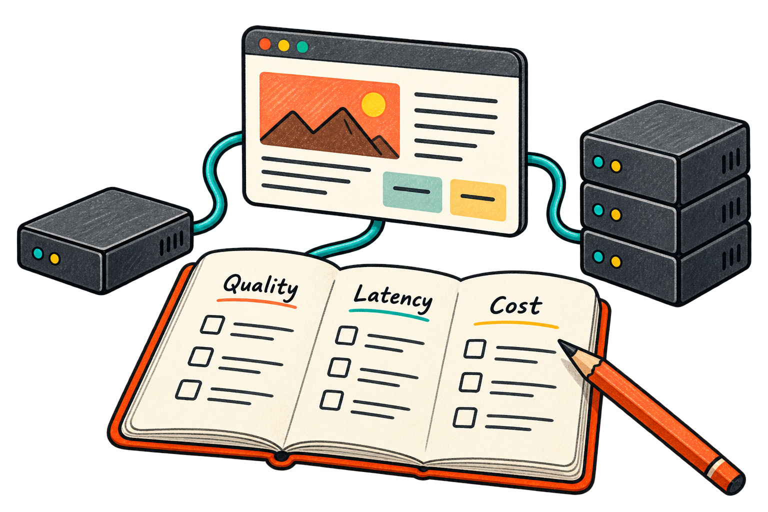 Two inference machines beside a notebook comparing quality, latency, and cost.