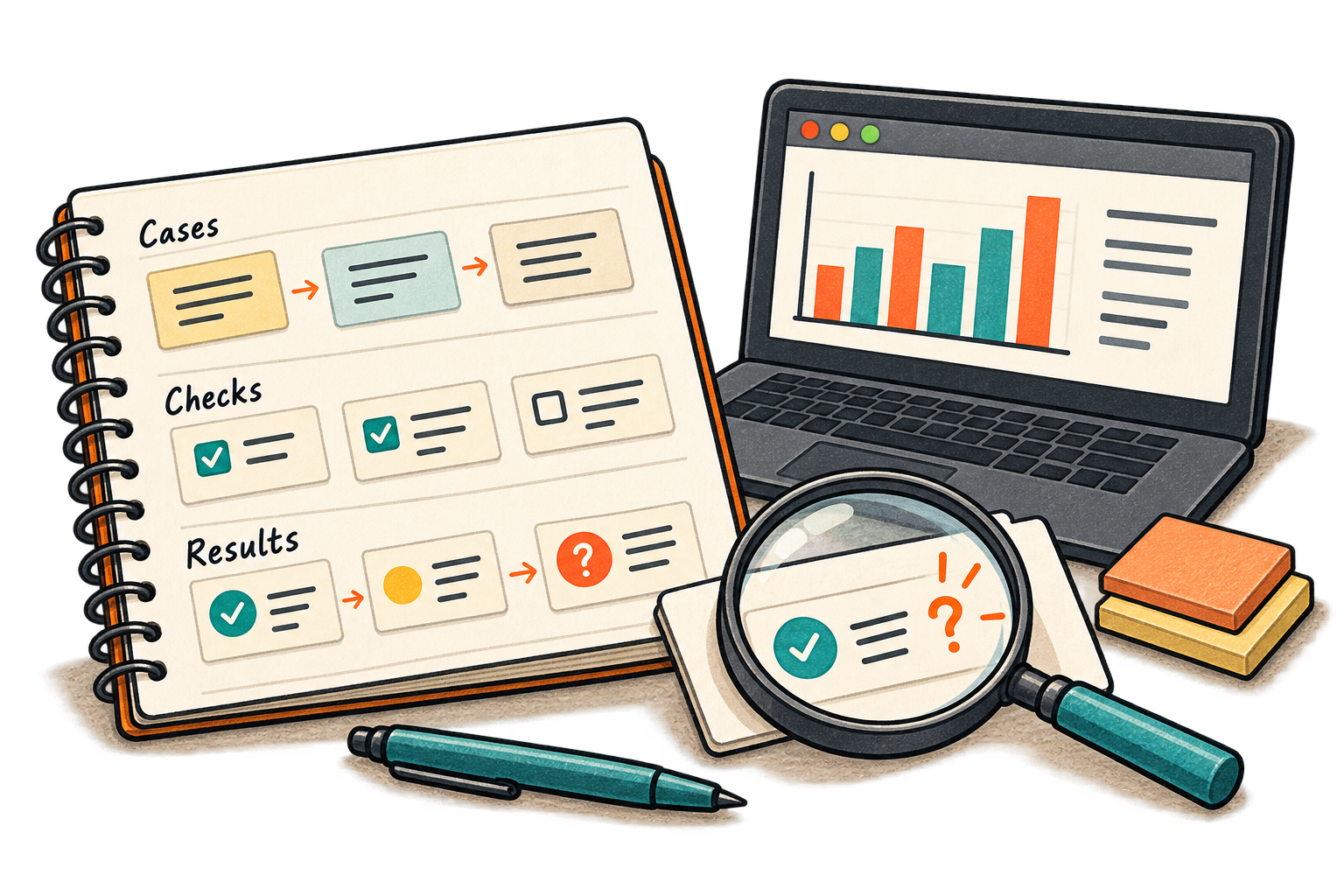 An evaluation notebook compares cases, checks, and results beside a computer.