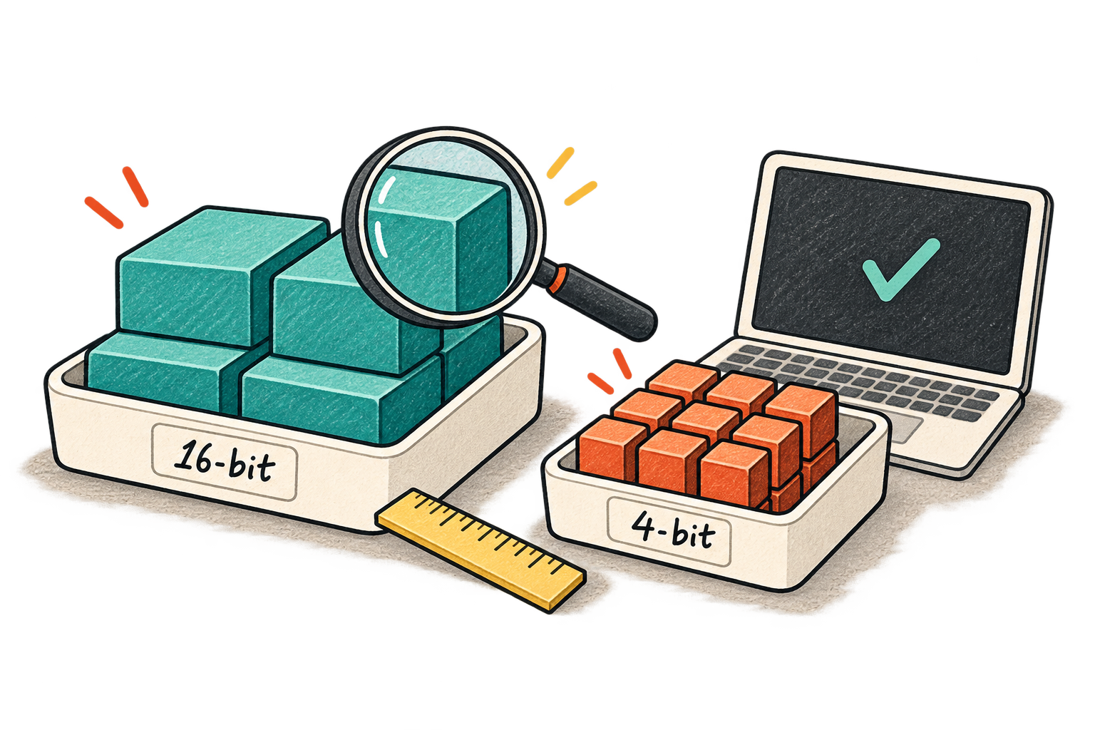 Large 16-bit model blocks and compact 4-bit blocks beside a small laptop.