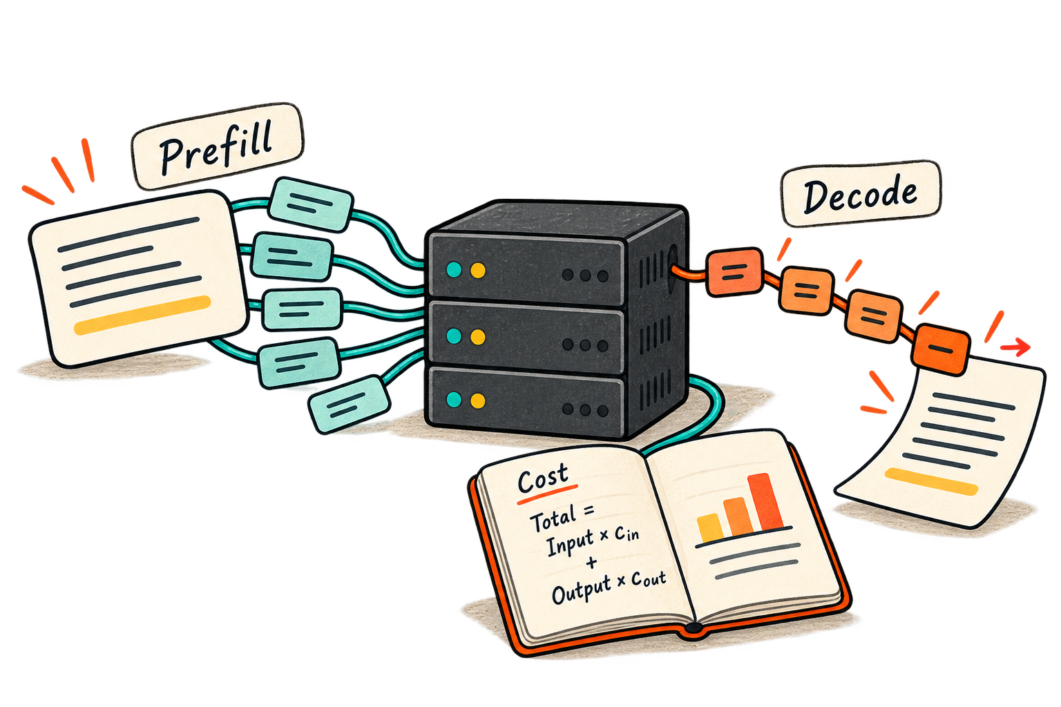 Grouped input tokens enter a machine while output tokens leave one at a time.