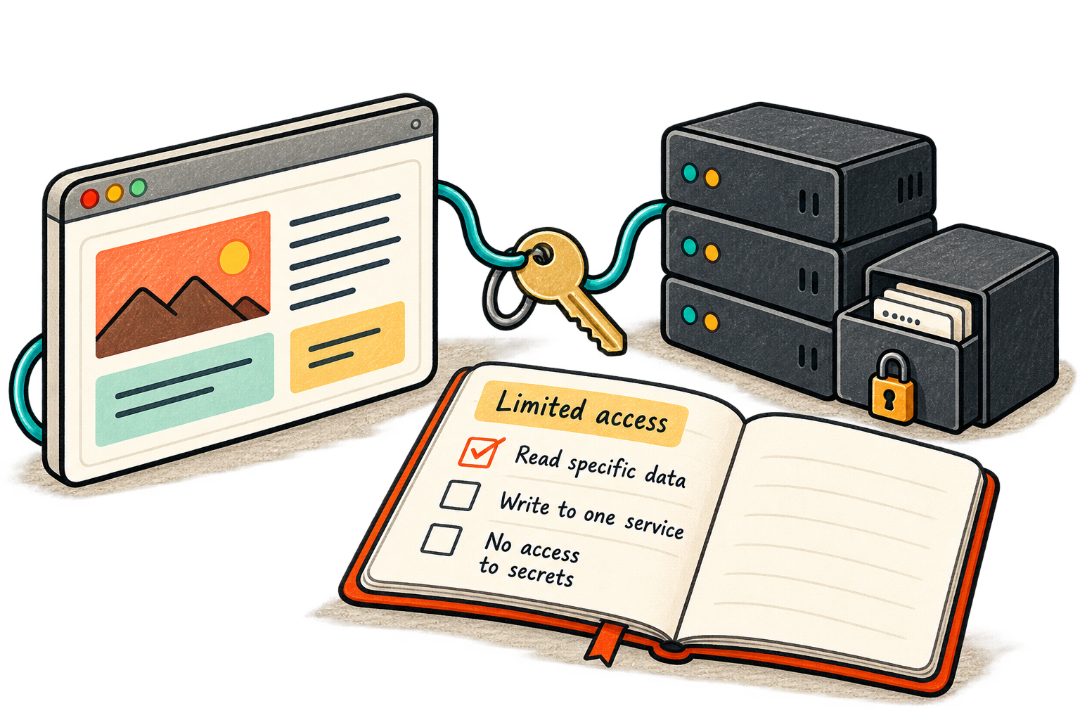 A key connects an application to a service beside a limited-access checklist.