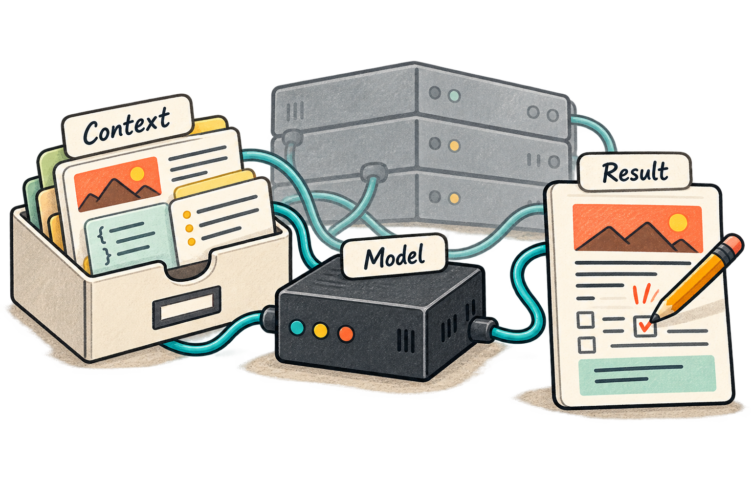 A compact model connects relevant context cards to a checked result.